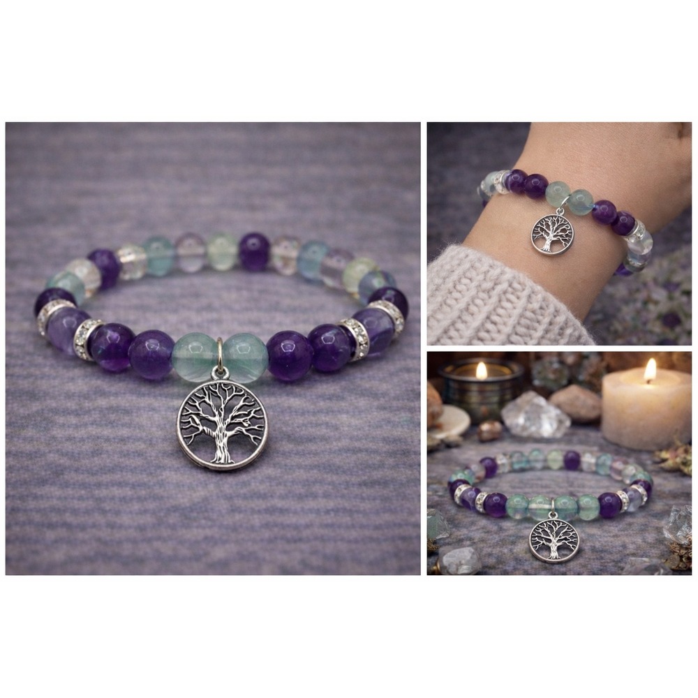 Fluorite Amethyst‎ Bracelet Tree Charm Witchy Boho Apothecary Crystal Jewelry